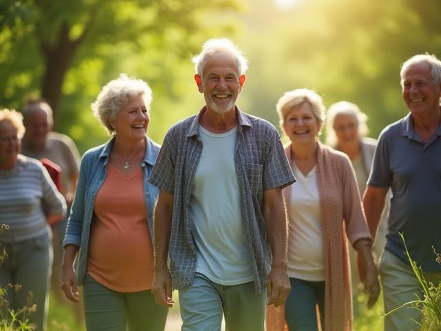Diverse group of adults, 35+, sharing a moment of connection outdoors in a vibrant, natural setting, symbolizing health and community.