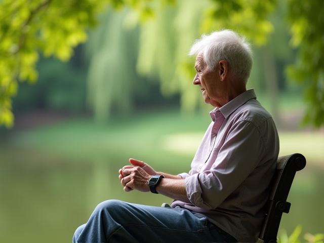 Person looking thoughtfully at their smartwatch with nature in the background, signaling digital detox.