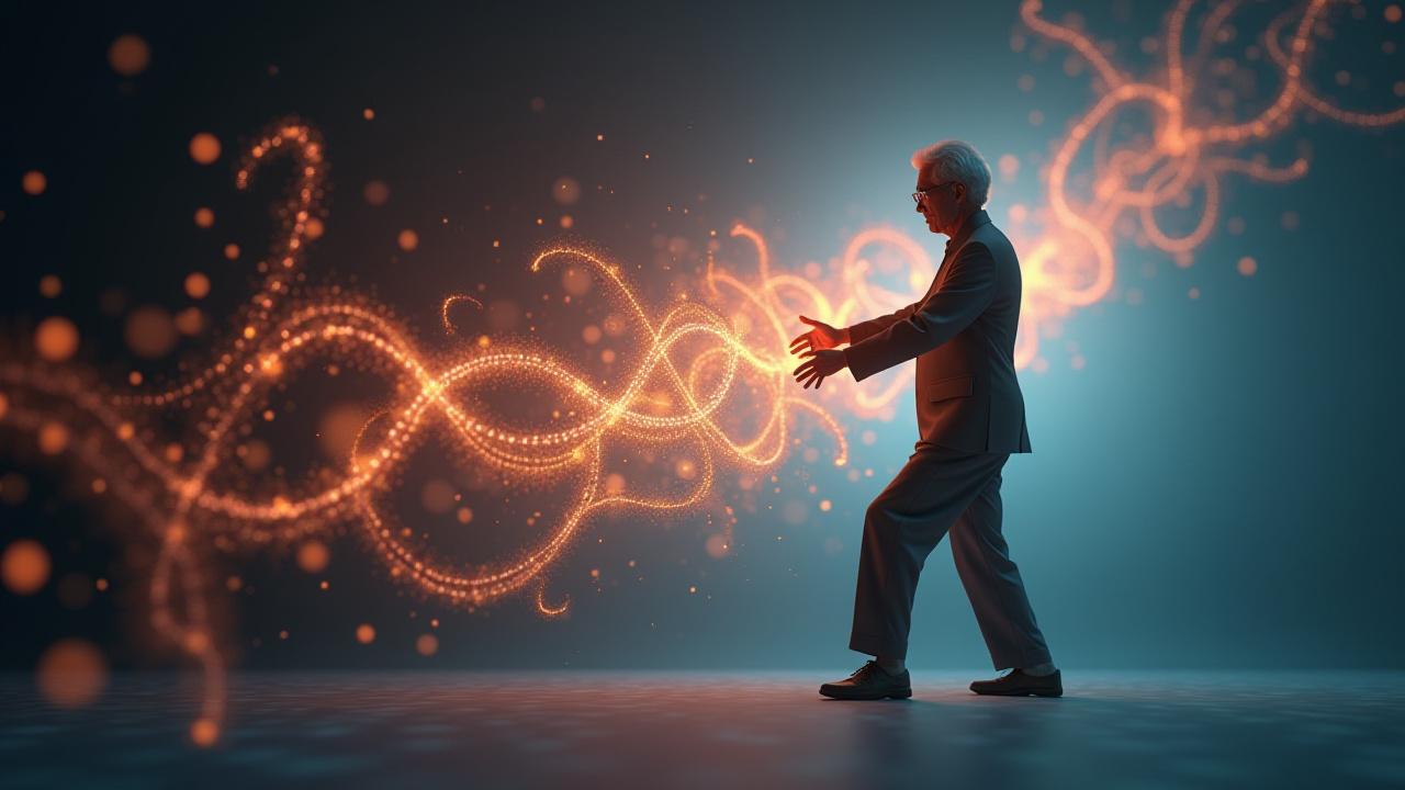 Abstract graphic showing interwoven biological pathways and vibrant energy, symbolizing cellular health and healthy aging.