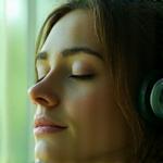 A person listening to headphones, eyes closed in calm focus, with abstract sound waves around their head, symbolizing guided meditation.